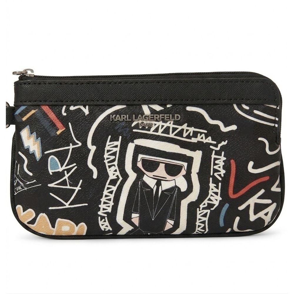 Karl Lagerfeld Paris Graffiti Print Pouch Wristlet Black‎ Multi Zip Clutch Bag